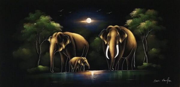 Sri Lankan Beautiful Elephant Family -Velvet Wall Hanging- Unframed